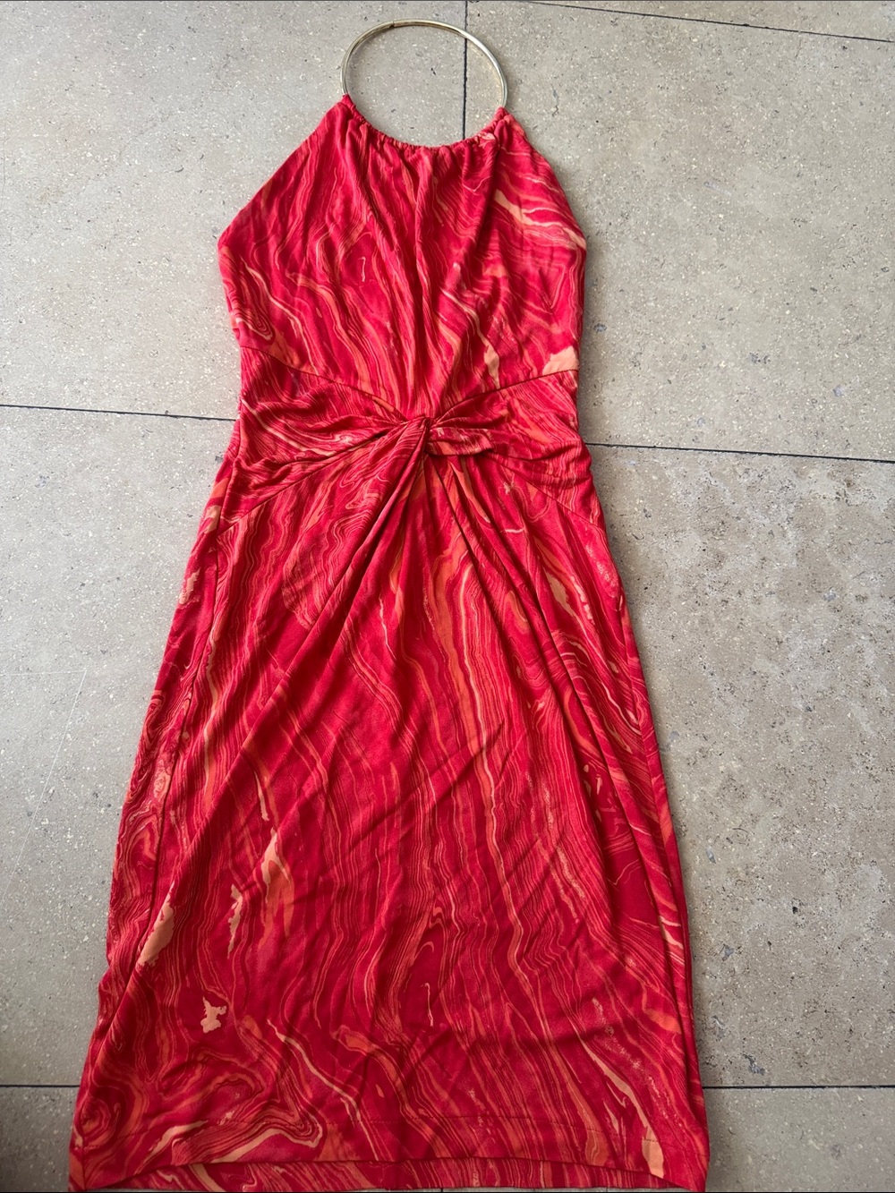 Michael Kors Collection  Red and Gold Marble-Print Twist Gown